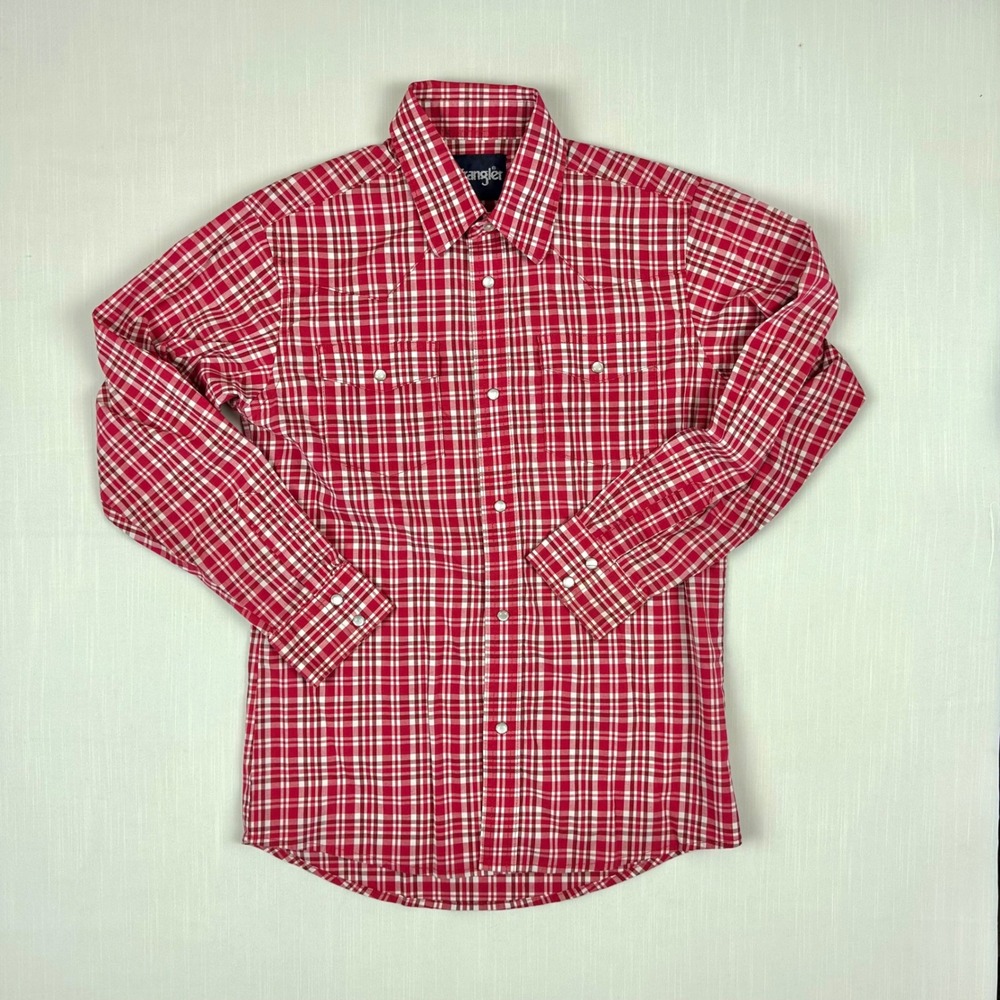 Wrangler Kids Red White Plaid Western Snap Long Sleeve Shirt Size Large L